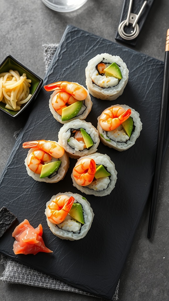 Shrimp and avocado sushi rolls on a black plate