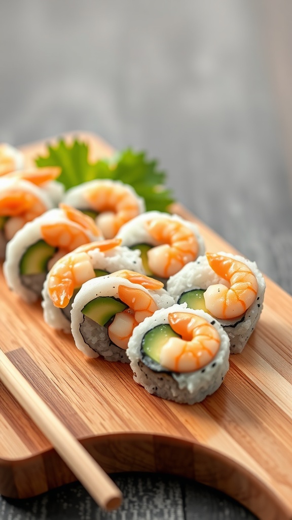 A plate of shrimp and avocado maki rolls on a wooden board with chopsticks.