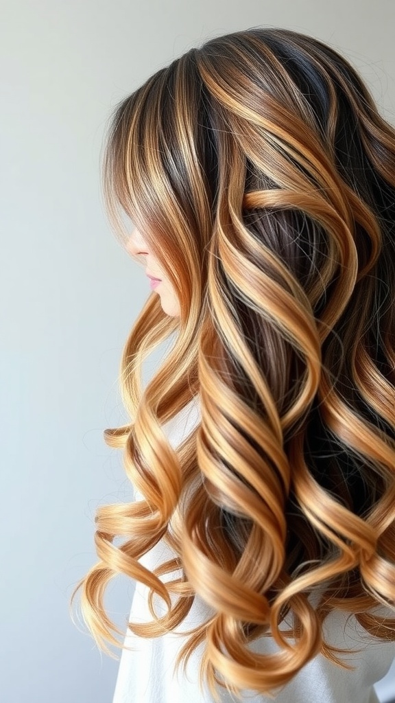 A woman with long, loose waves styled with a side part, featuring a mix of dark and light hair colors.