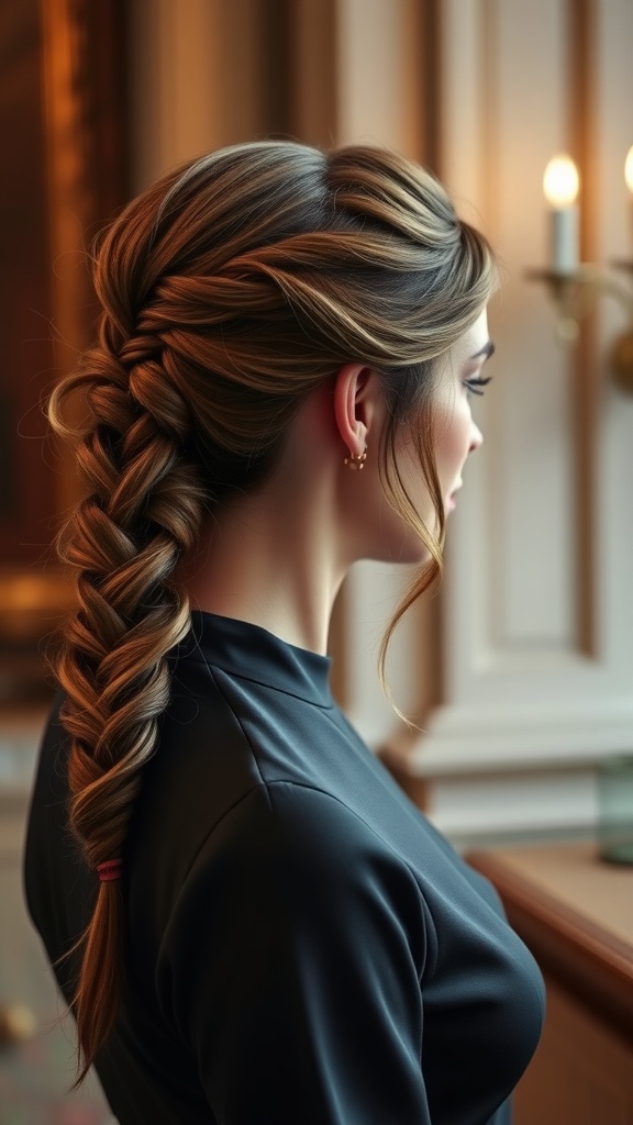 A woman with a side-parted ponytail featuring braided details, highlighted by soft waves framing her face.
