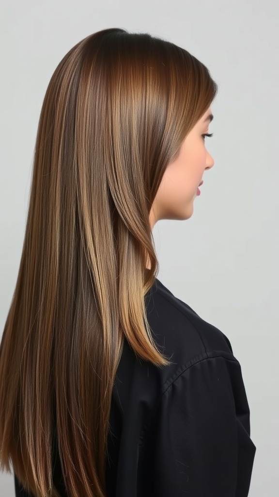 A model showcasing a side-parted straight and shiny hairstyle.