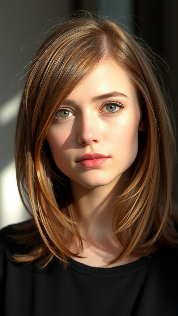 A close-up of a young woman with medium-length hair featuring side-swept bangs.