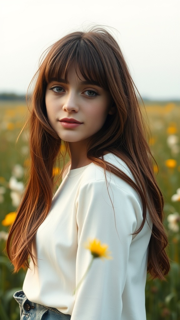 A young woman with side-swept bangs and soft layers, standing in a field of flowers.