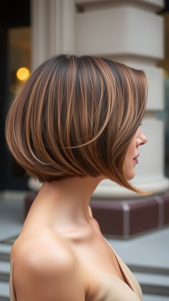 A side-swept bob hairstyle showcasing layers and warm tones, ideal for thin fine hair.