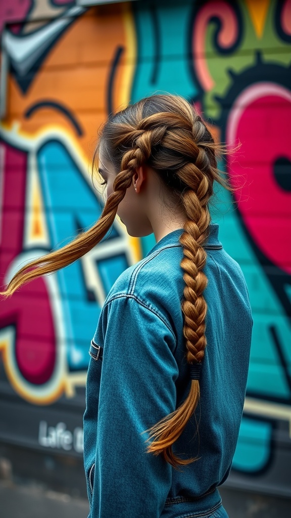A person with a side-swept braided ponytail in front of a colorful graffiti wall.