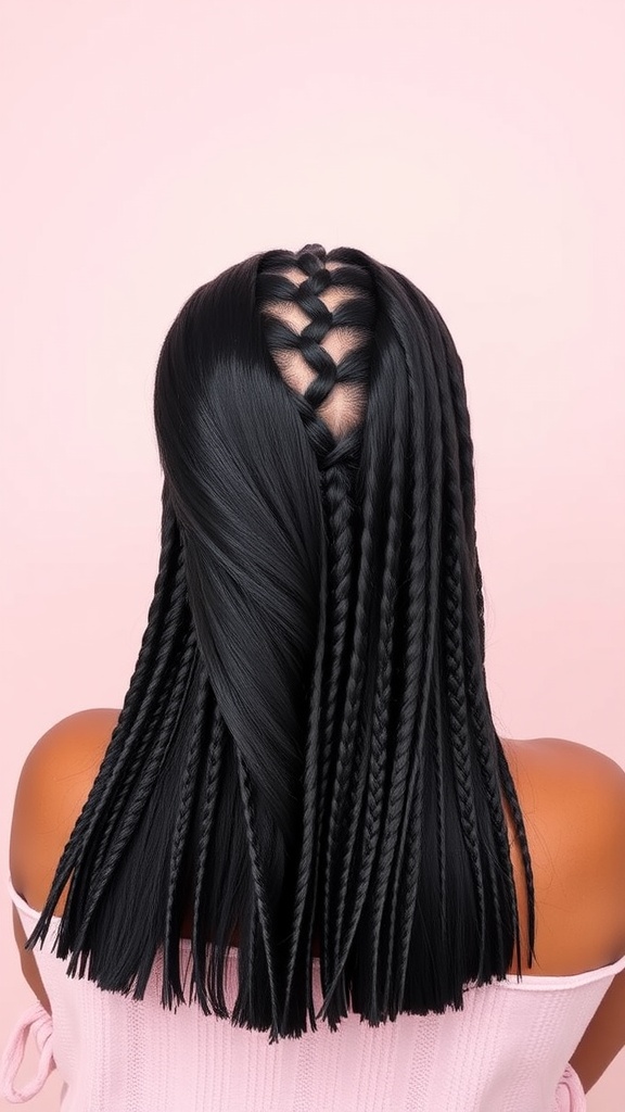 A side-swept braided quick weave hairstyle featuring tiny braids and flowing locks.