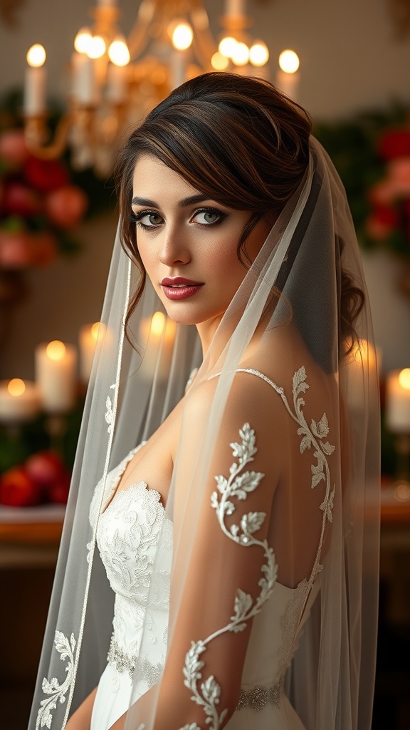 A bride with side-swept curls and a beautiful veil, showcasing elegance and romance.