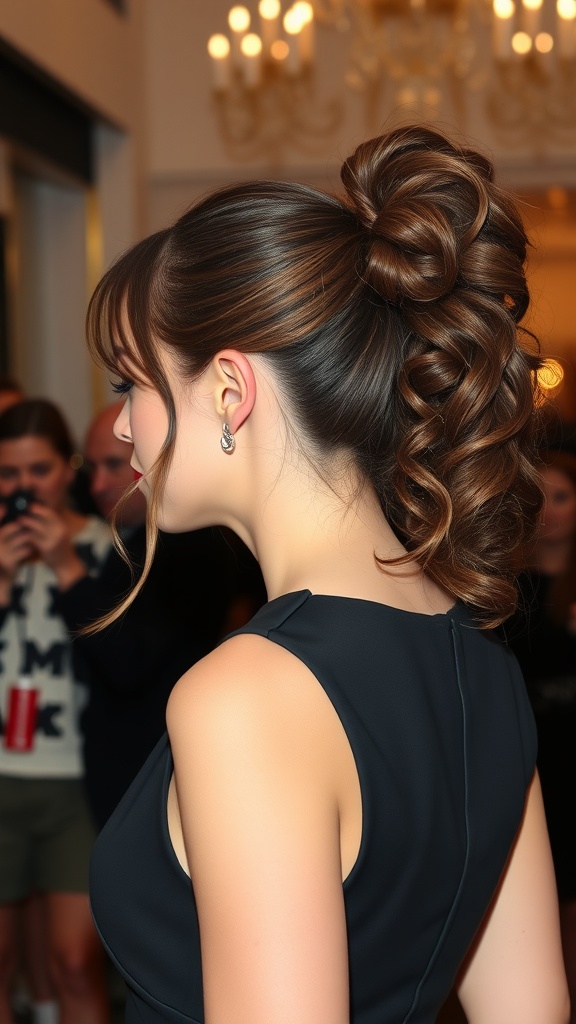 A woman with a side-swept curly ponytail, showcasing elegant curls and a sophisticated look.