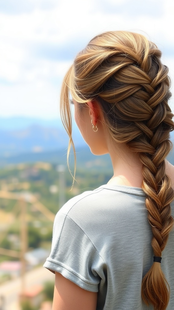 A woman with a side-swept fishtail braid, showcasing a stylish hairdo against a scenic background.