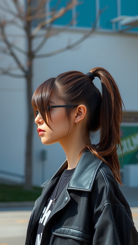 A young woman with a side-swept frontal ponytail, wearing sunglasses and a leather jacket.