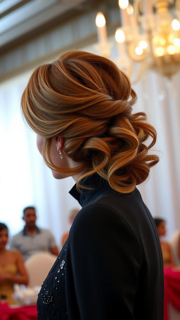 A woman with a side-swept glam updo hairstyle, featuring elegant curls and dressed in a stylish outfit.