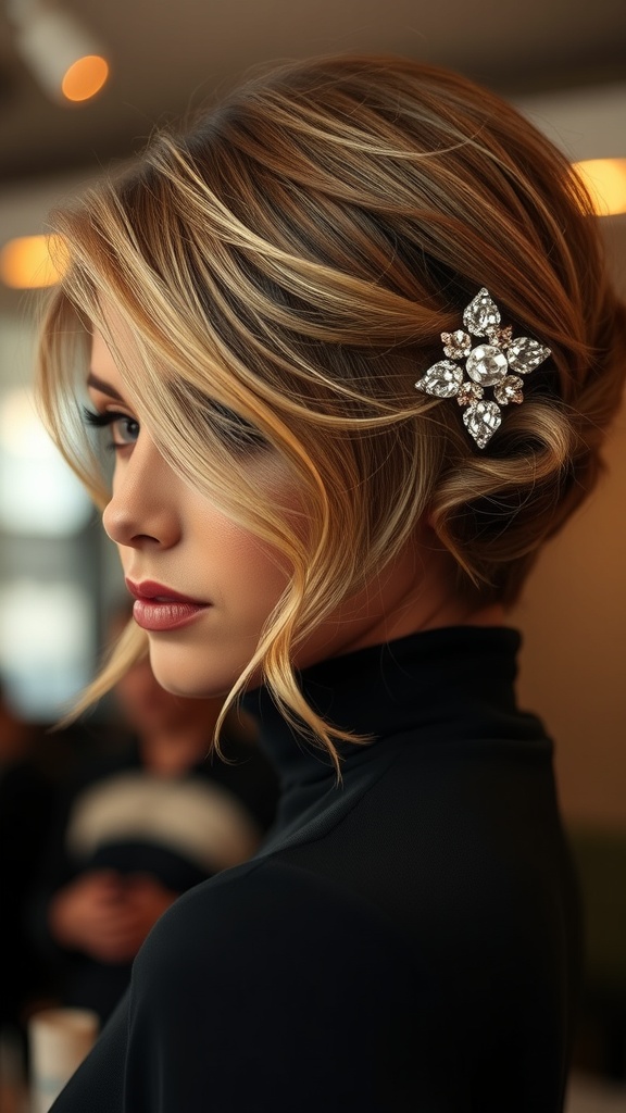 A woman with short hair styled in a side-swept glamour look, featuring soft waves and a sparkling hair accessory.