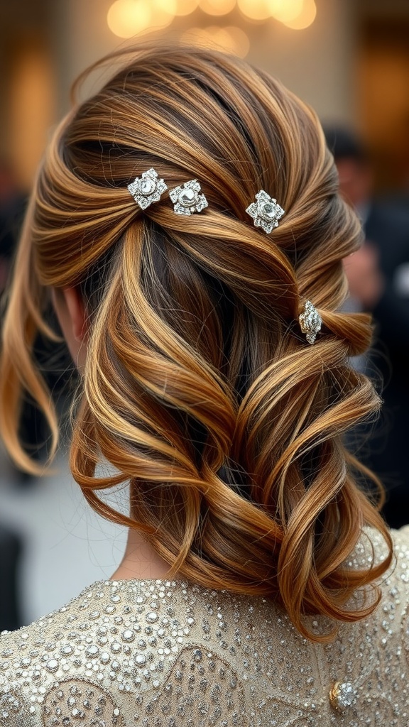 A close-up of a side-swept hairstyle adorned with sparkling clips, showcasing elegant loose curls.