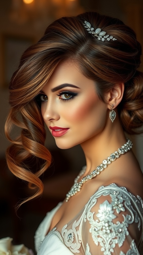 Bridal hairstyle featuring side-swept hair adorned with a vintage brooch.