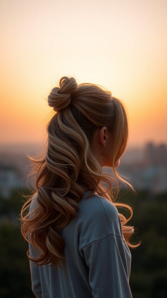 A woman with a side-swept ponytail and soft waves, gazing into the sunset