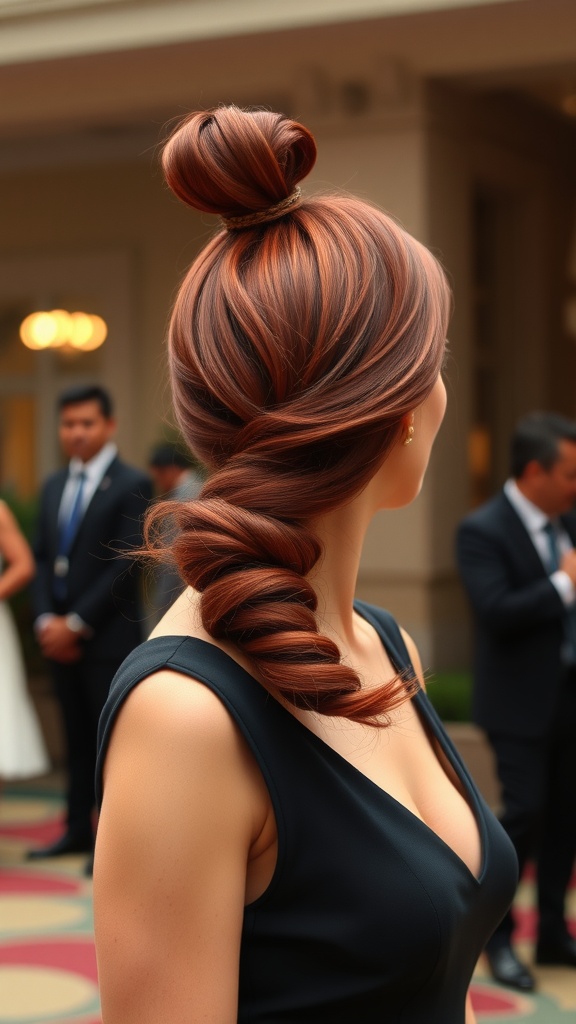 A beautiful side-swept red ponytail hairstyle, featuring a twisted braid and smooth finish.