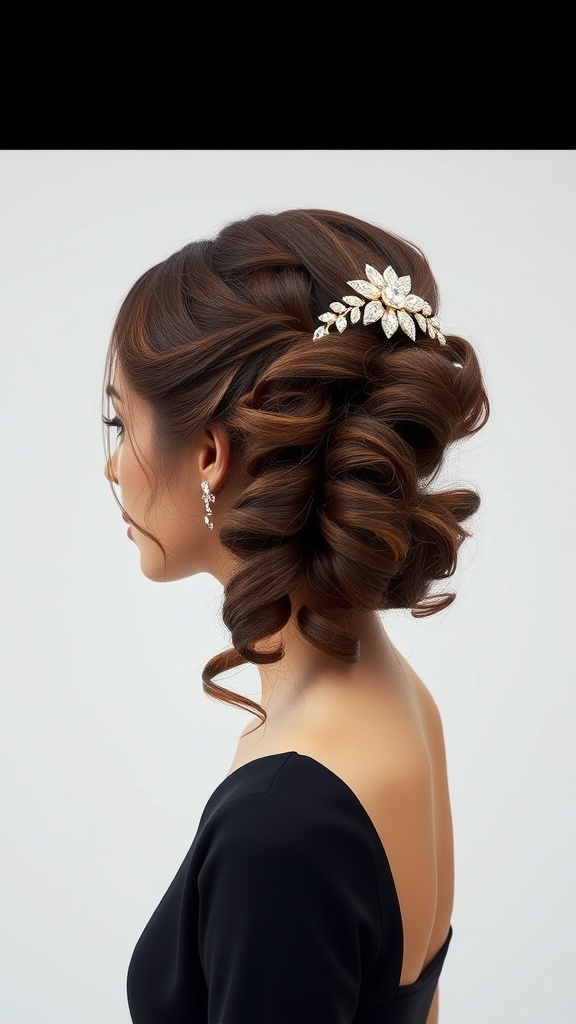 A side-swept updo hairstyle with soft curls and a decorative hair piece.