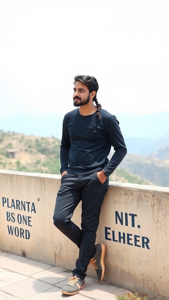 A man with a side braid leaning against a wall with a scenic background.