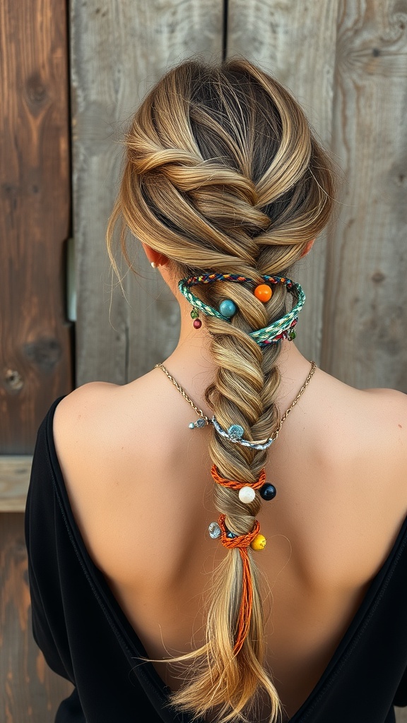 A woman with a side braid adorned with colorful beads and strings, showcasing a stylish hairstyle.