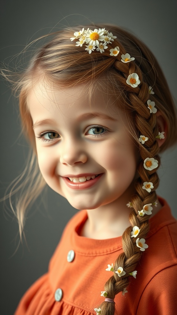 A young girl with a side braid adorned with small flowers, smiling in an orange dress.