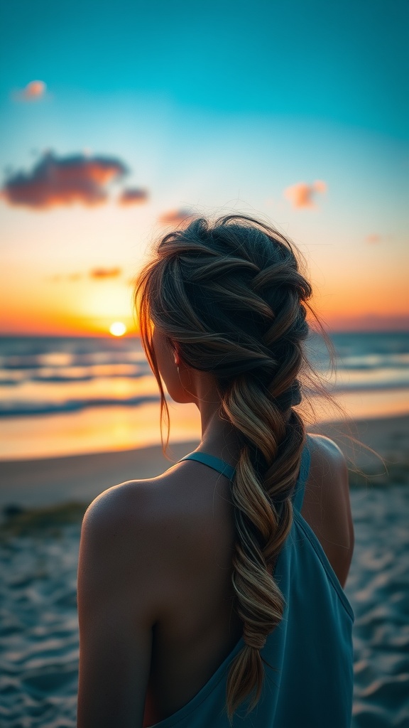 A woman with a side braid featuring ombre color, looking at a sunset on the beach.