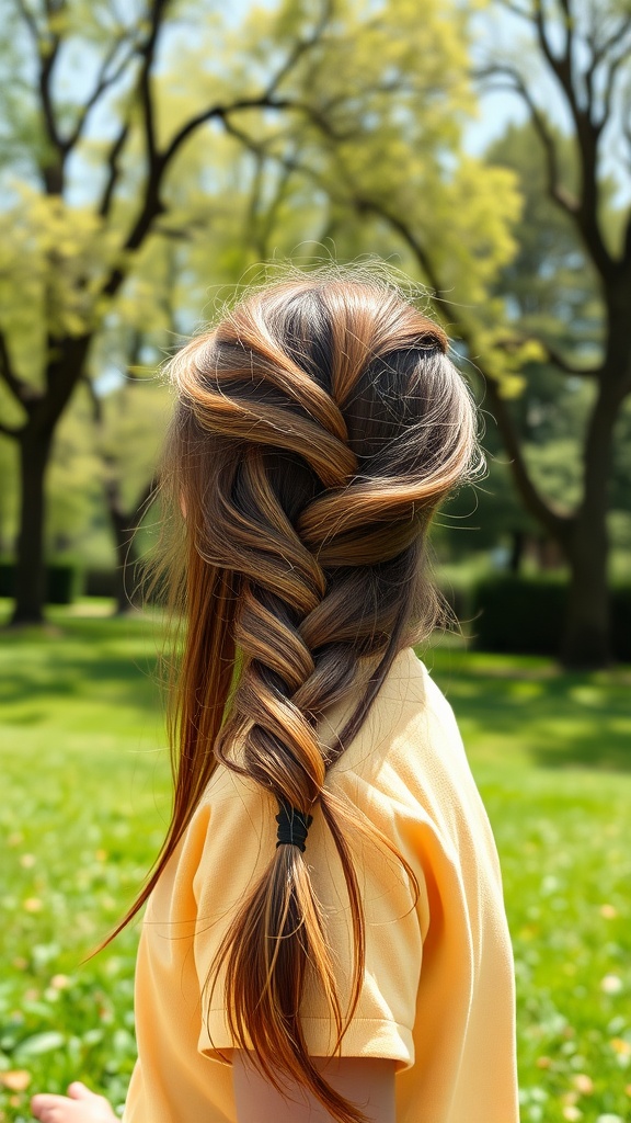 A girl with a side braid showing ombre effects, standing in a park