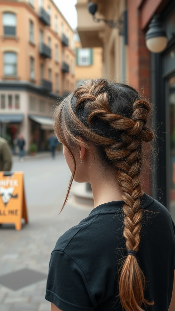 A side braid with textured ends on a young woman, set against a city street background.