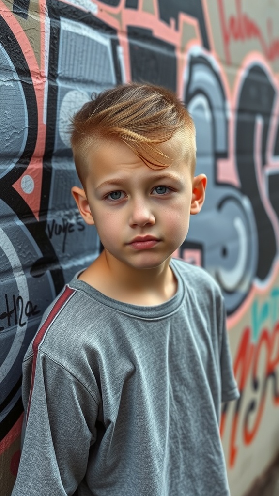 A boy with a side braid hairstyle and an undercut, standing in front of a colorful graffiti wall.
