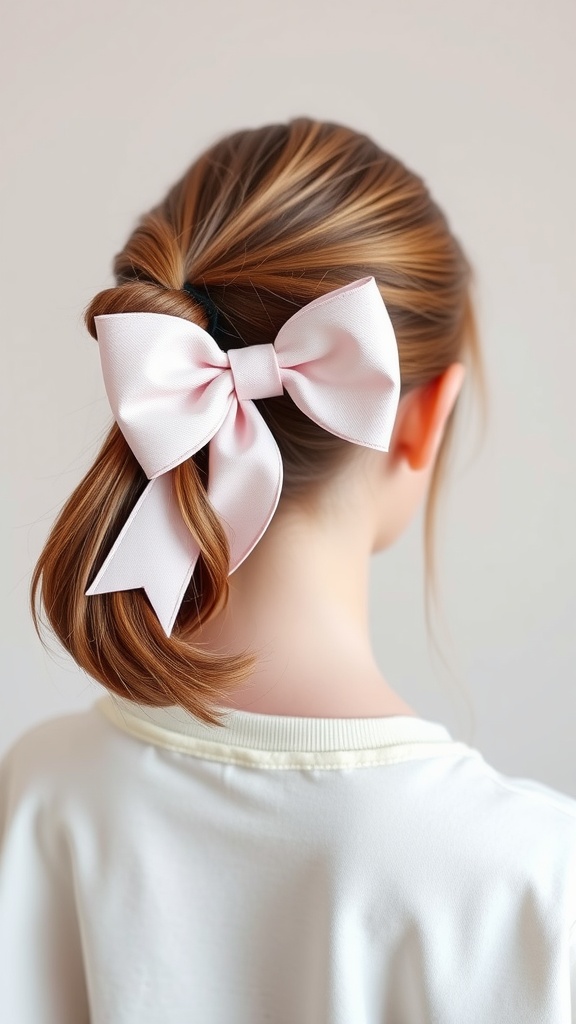 A side ponytail hairstyle adorned with a pink bow, showcasing a neat and stylish look.