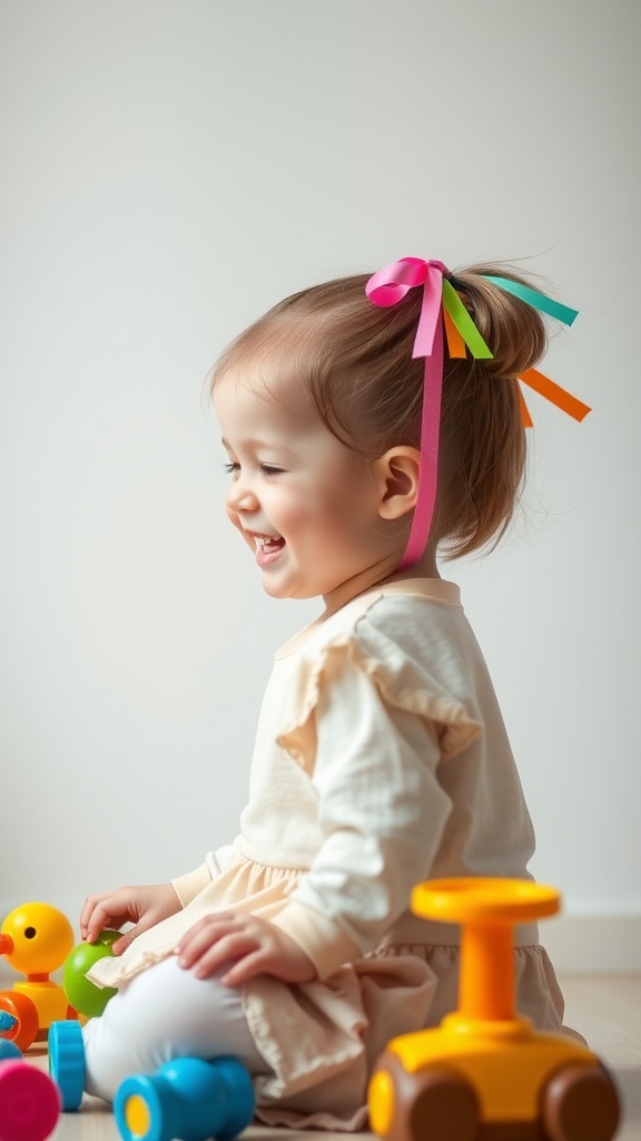 A toddler with a side ponytail featuring colorful ribbons, smiling while playing with toys.