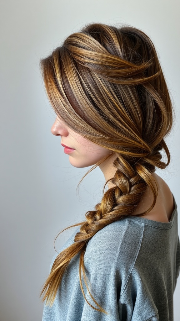 A side-swept loose braid hairstyle, showcasing soft waves and warm highlights.