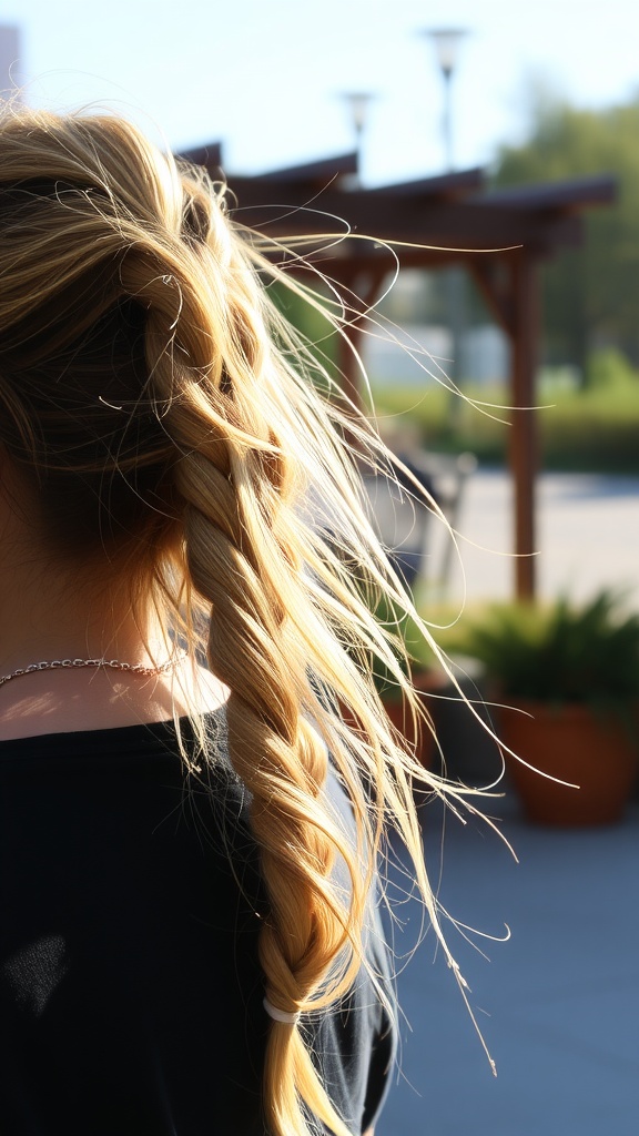 A side swept messy braid with loose strands.