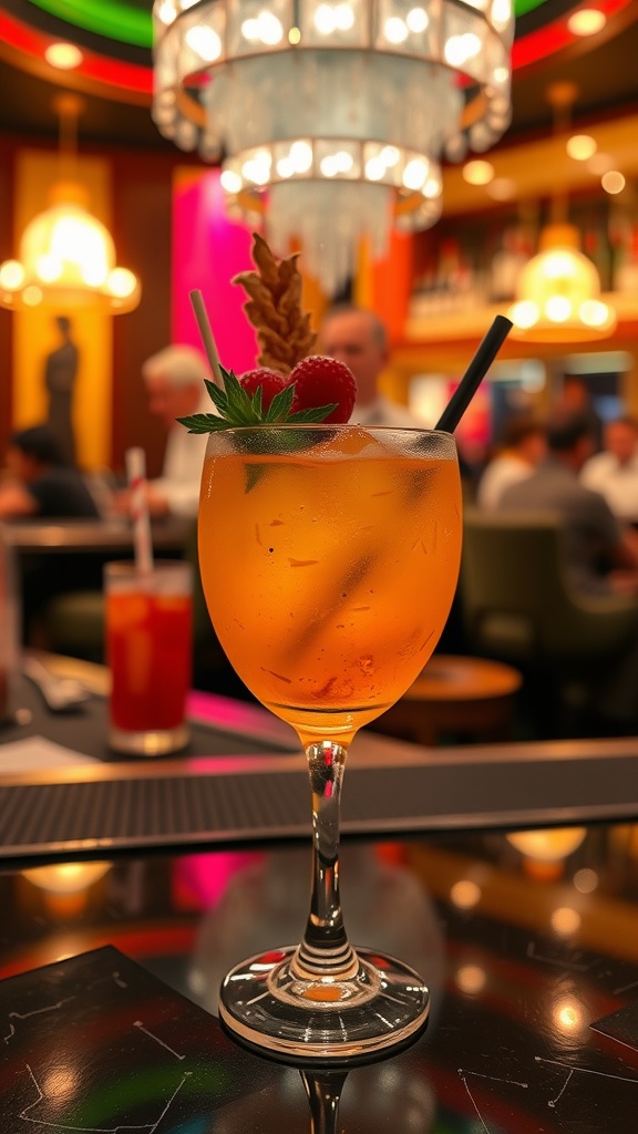 A beautifully crafted signature cocktail with strawberries and mint leaves on a bar in a Las Vegas club.