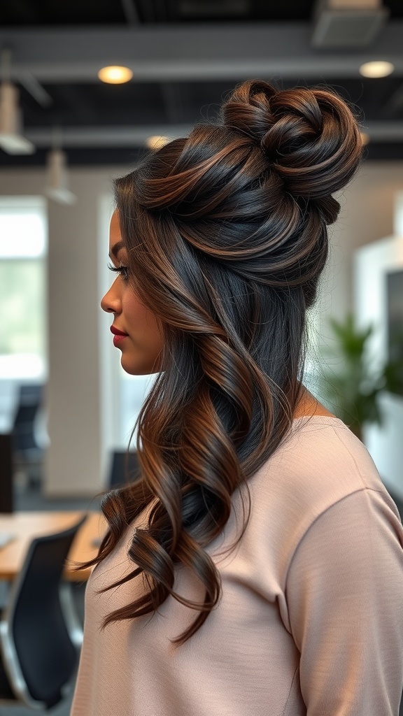 A woman with a half up half down quick weave hairstyle featuring a stylish bun and flowing waves.