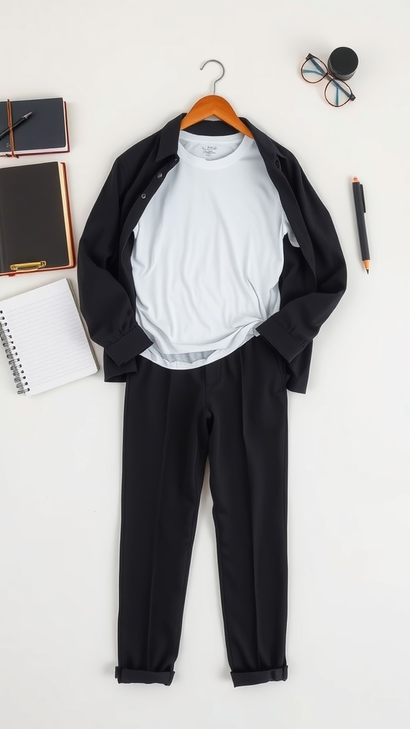 An outfit featuring a white tee and black trousers, laid out with school supplies.