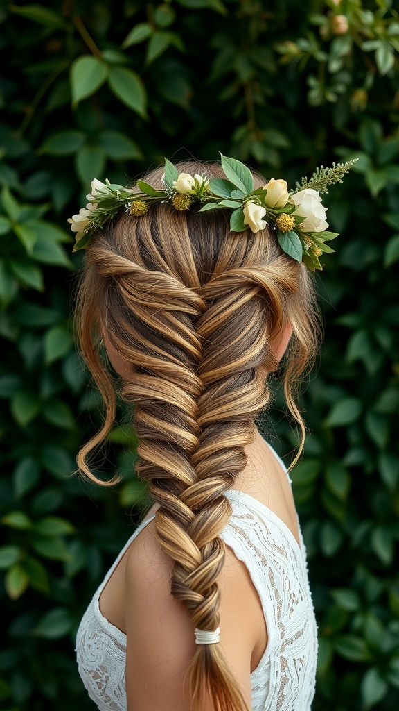 A beautiful braided crown hairstyle adorned with flowers and greenery, showcasing a bohemian vibe.
