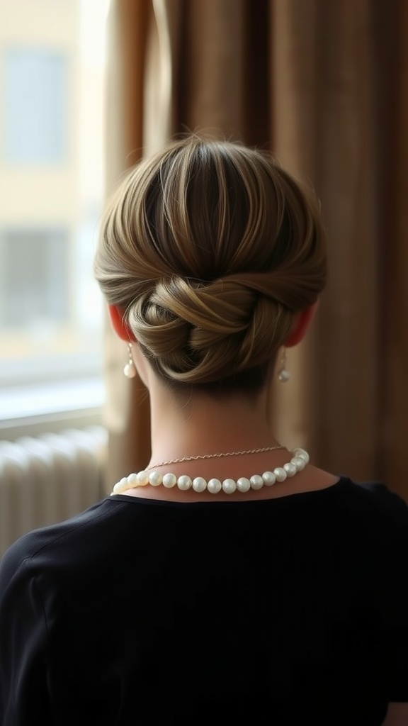 A simple classic bun hairstyle for short hair, viewed from the back, featuring soft twists and an elegant finish.