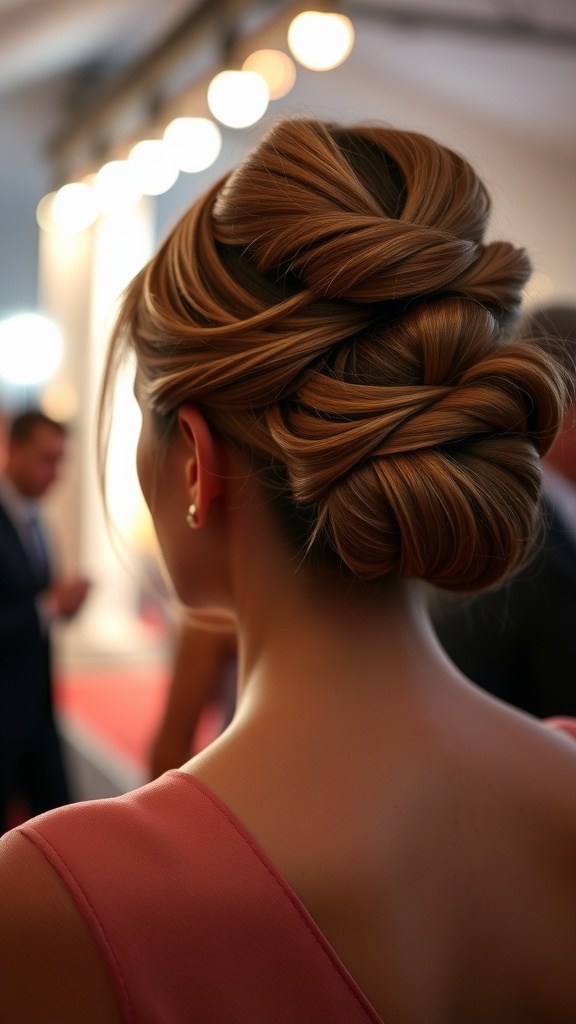 A woman with a stylish French twist hairstyle, showcasing a neat updo with twisted hair and elegant styling.
