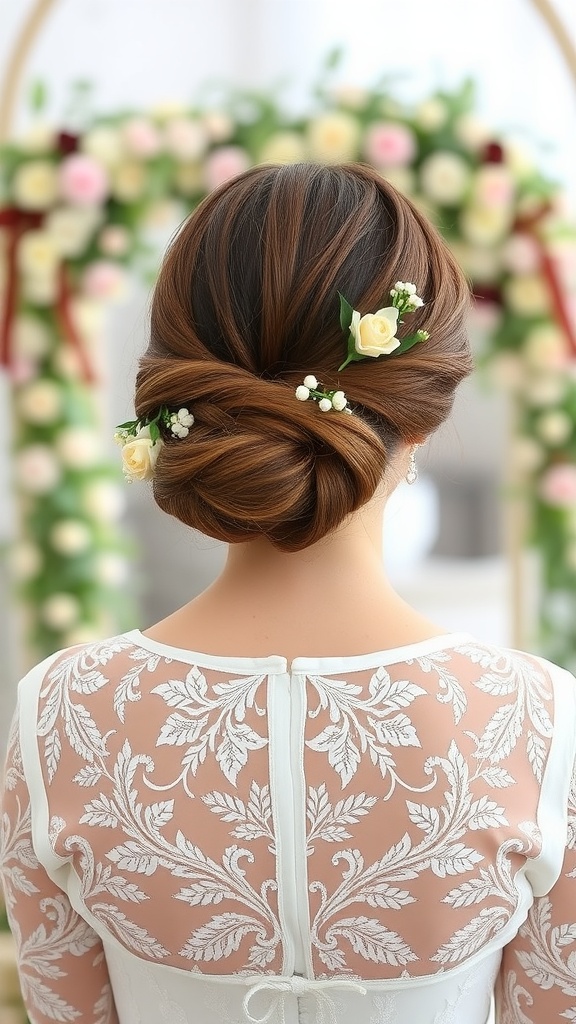 A bride with a simple knot hairstyle adorned with small roses and floral accents, seen from the back.