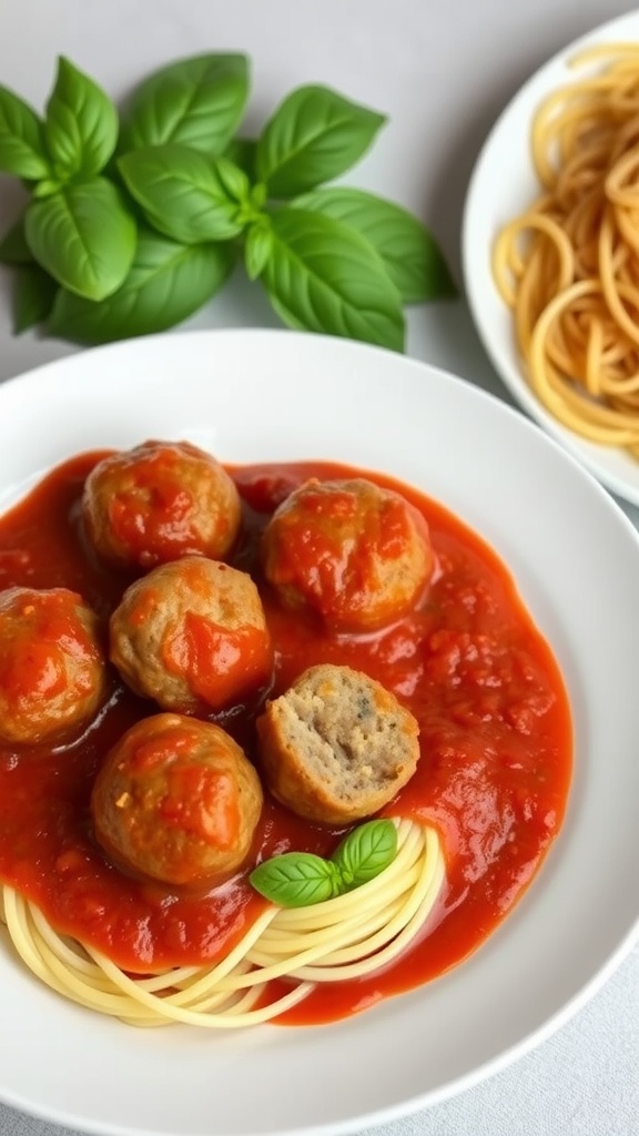 A bowl of spaghetti topped with meatballs in marinara sauce, garnished with fresh basil.