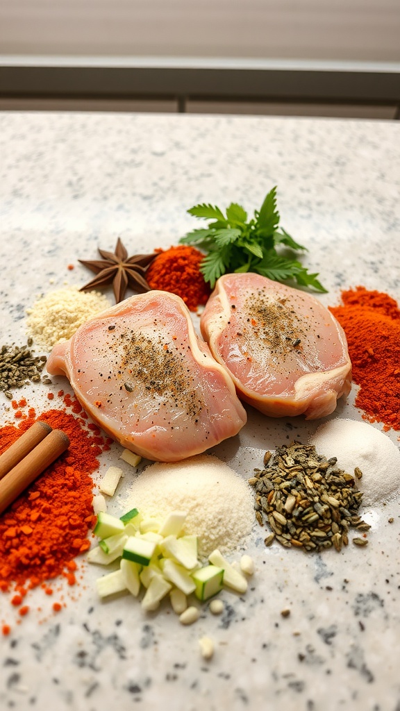 Seasoning ingredients for pork chops along with two raw pork chops.