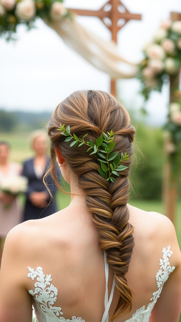 A bride with a simple side braid adorned with greenery, showcasing a wedding scene.