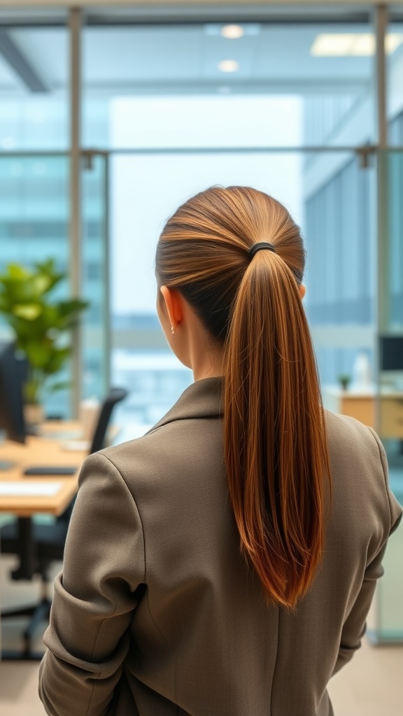 A woman with a sleek ponytail standing in an office setting.