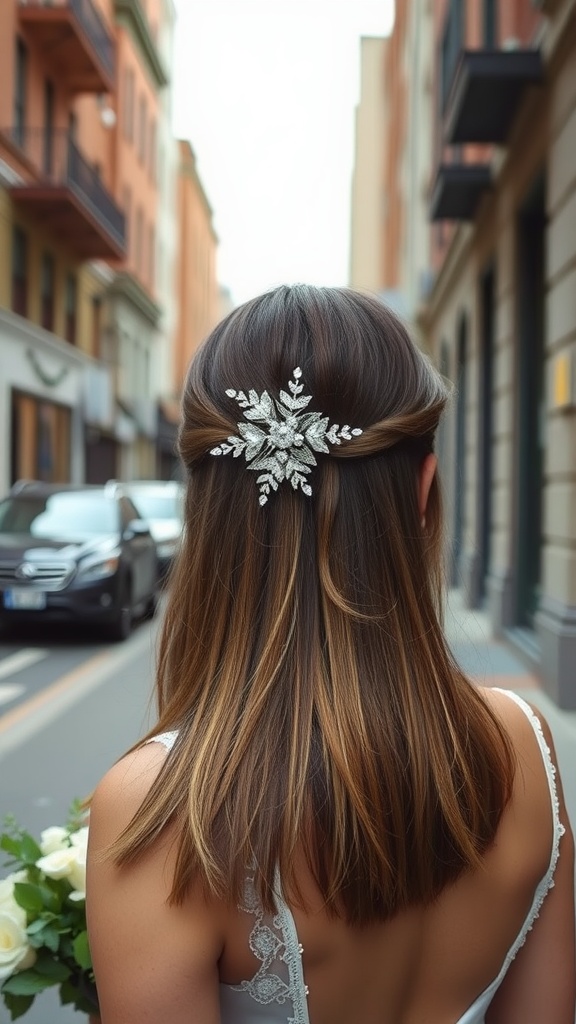 A bride with straight hair styled simply, featuring a decorative comb in an urban setting.