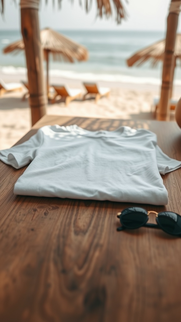 A white t-shirt on a wooden table with sunglasses nearby, set against a beach background.