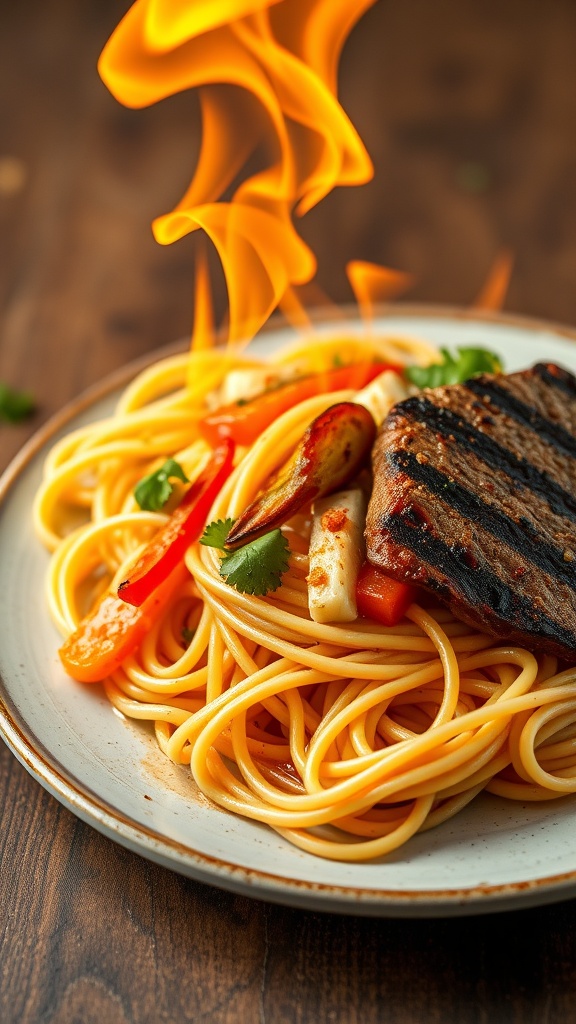 A plate of sizzling fajita pasta with grilled meat and colorful vegetables.