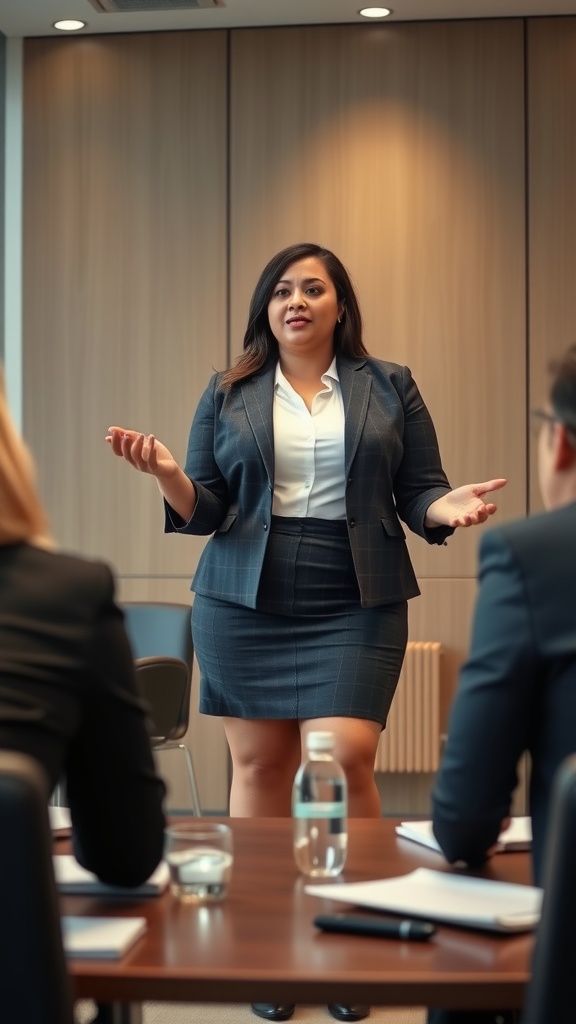 A woman in a skirt suit giving a presentation in a professional setting.
