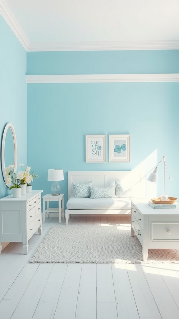 A bright and airy bedroom featuring sky blue walls, white furniture, and a cozy atmosphere.