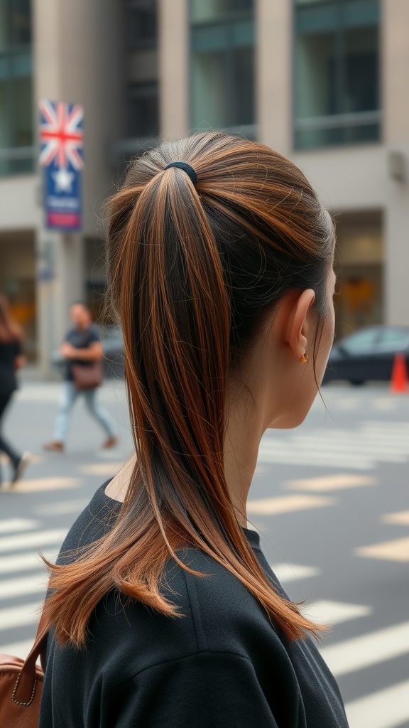 A woman with a sleek mid-length ponytail, showing her hair's shine and healthy appearance.