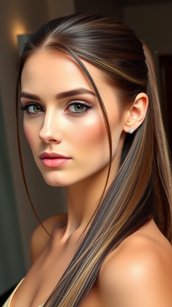 A woman with a sleek and polished mid ponytail hairstyle, featuring straightened hair and a professional look.